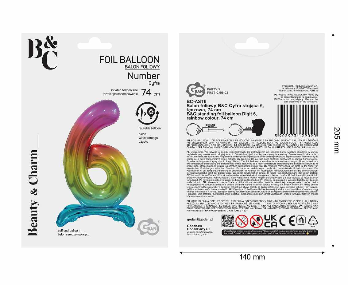 B&C standing foil balloon Digit 6, rainbow colour, 74 cm